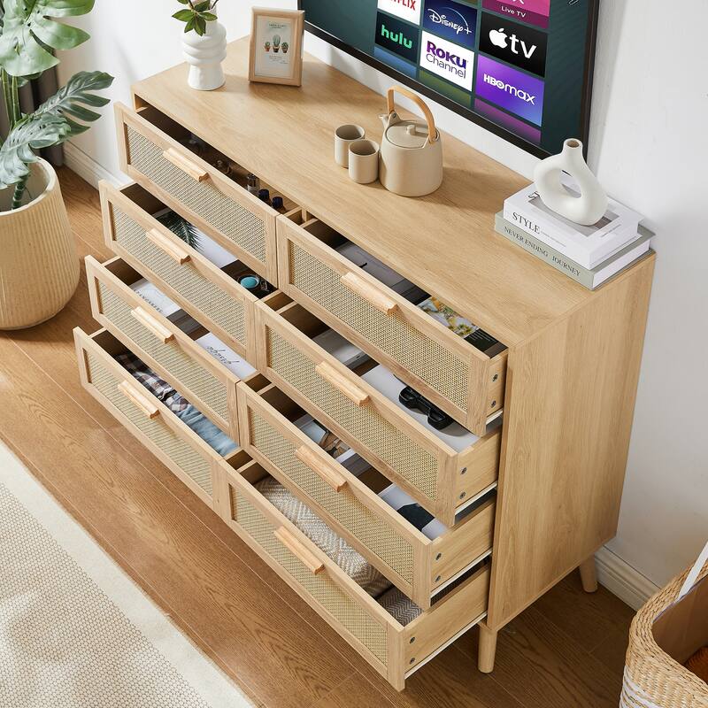 Anmytek Natural Wooden 6-Drawer Double Dresser with Wavy Drawers