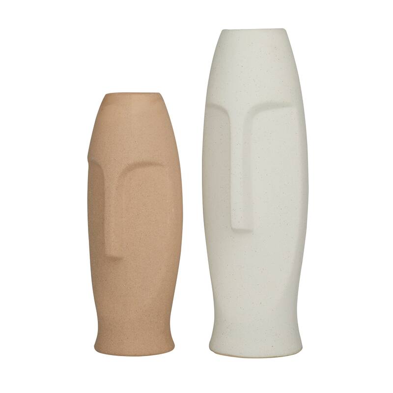 Beige Ceramic Easter Island Head Vase (Set of 2)