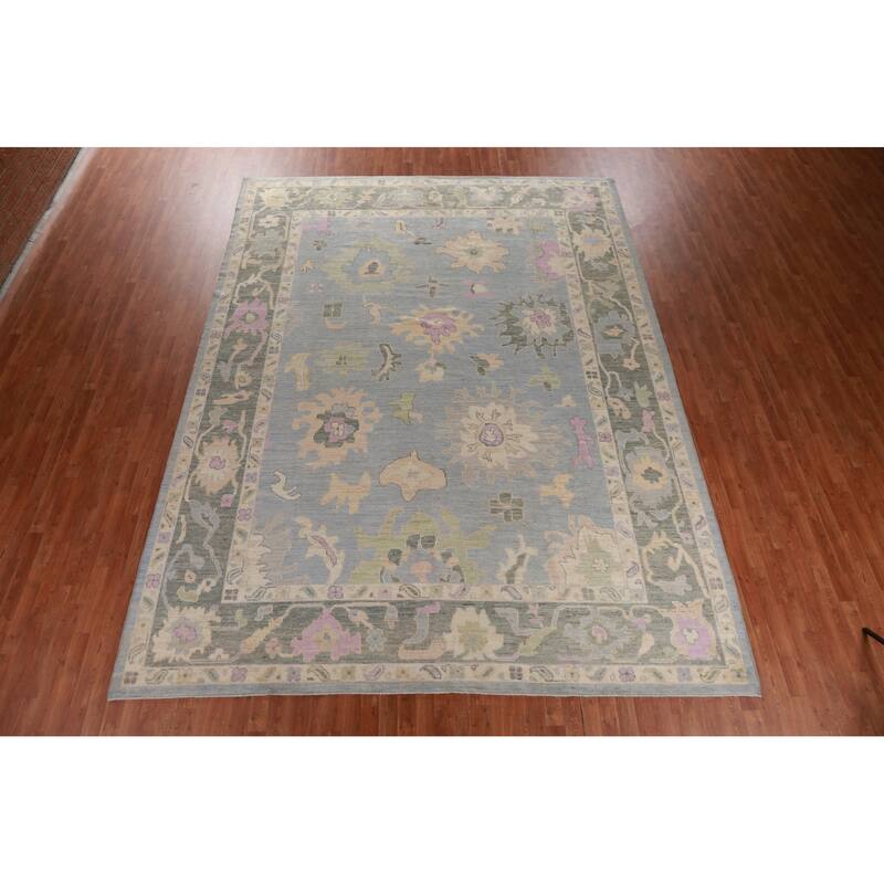 Hand Knotted Oriental 100% Wool Carpet Transitional All-Over Navy Blue & Blues Oushak Area Rug - 13' 7'' X 10' 0''