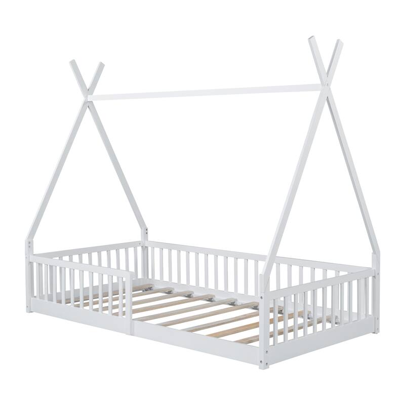 Twin Size Floor Bed, Platform Bed Frame with Fence and Roof, Solid Wood Playhouse Bedframe w/Open Door, No Box Spring Needed