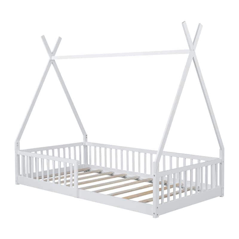 Twin Size Pine Wood Panel Bed with Safety Fence and Distressed Pink Finish
