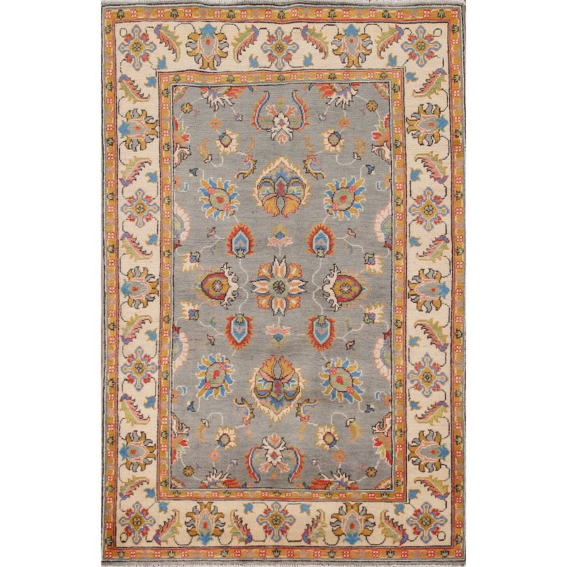 Gray Kazak Oriental Area Rug Hand-Knotted Wool Carpet - 4'1"x 6'4"