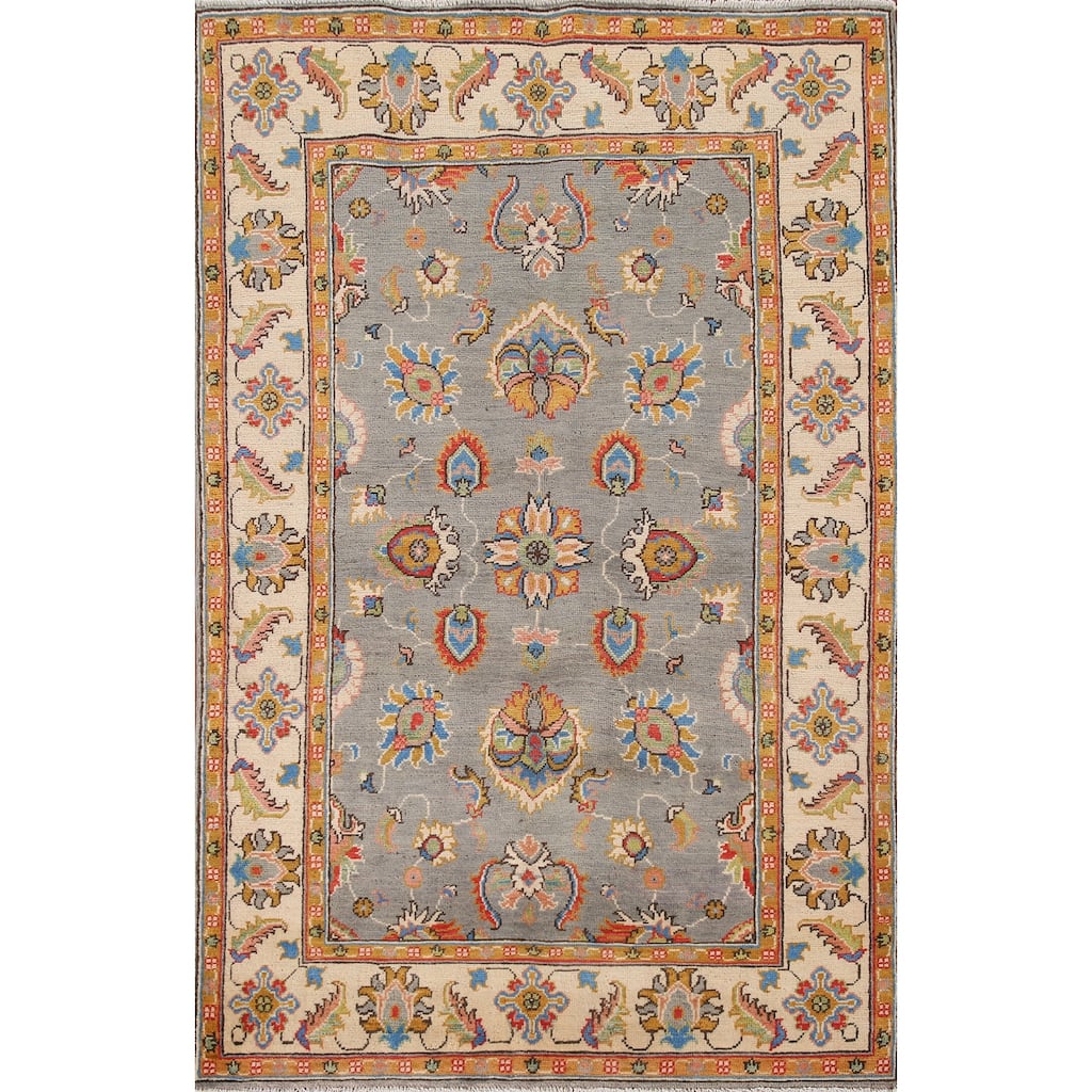 Gray Kazak Oriental Area Rug Hand-Knotted Wool Carpet - 4'1"x 6'4"