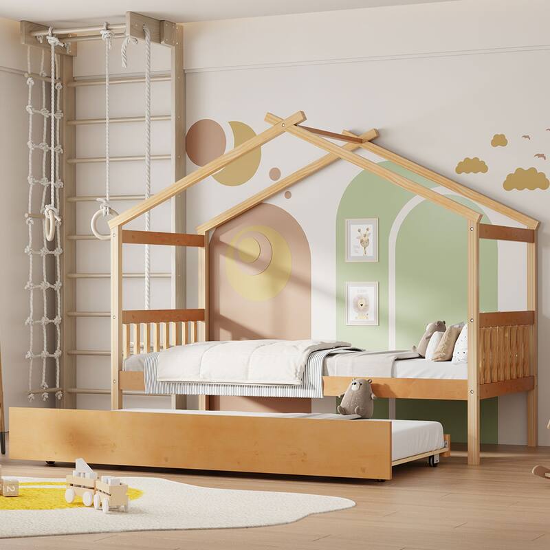 Twin Size Wooden House-Shaped Bed With Twin Size Trundle - Natural