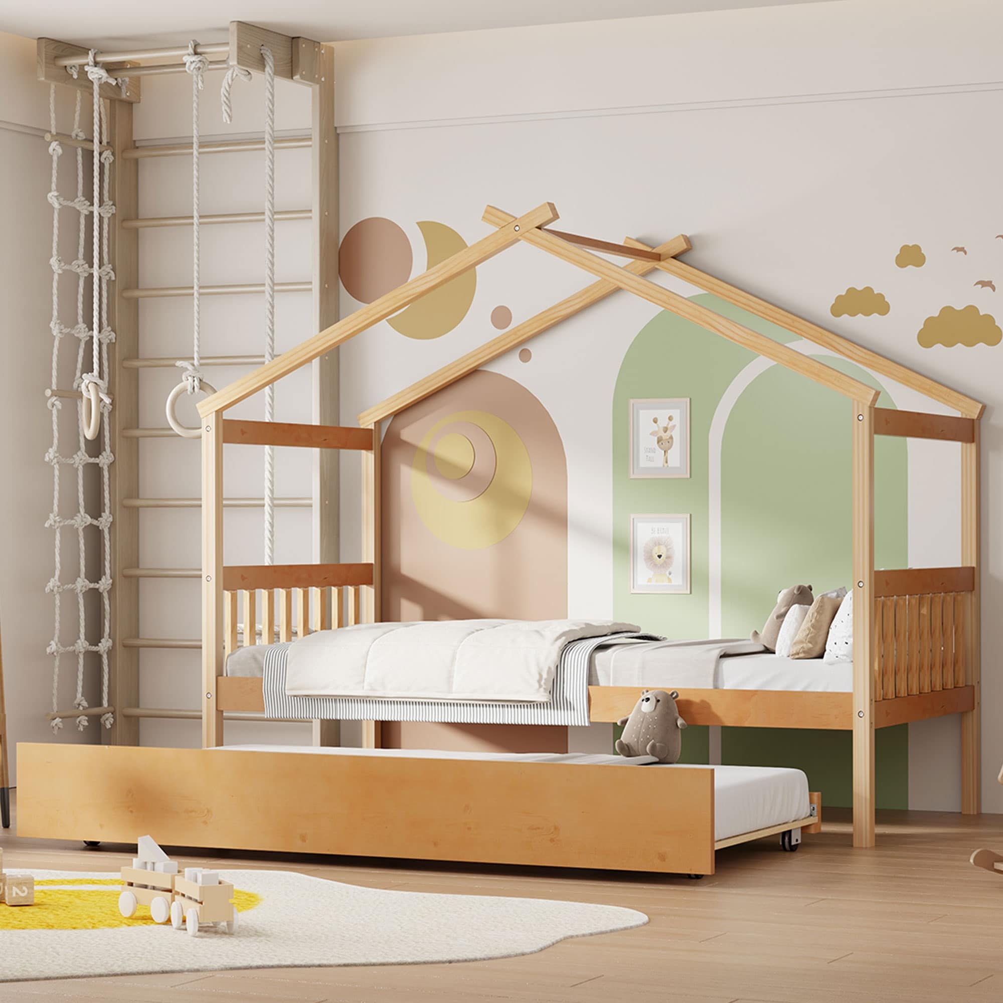 Wooden House Bed with Twin Size Trundle