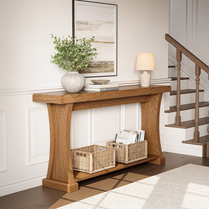 2 Tier Narrow Console Table, 63'' Long Entryway Table with Storage Shelf