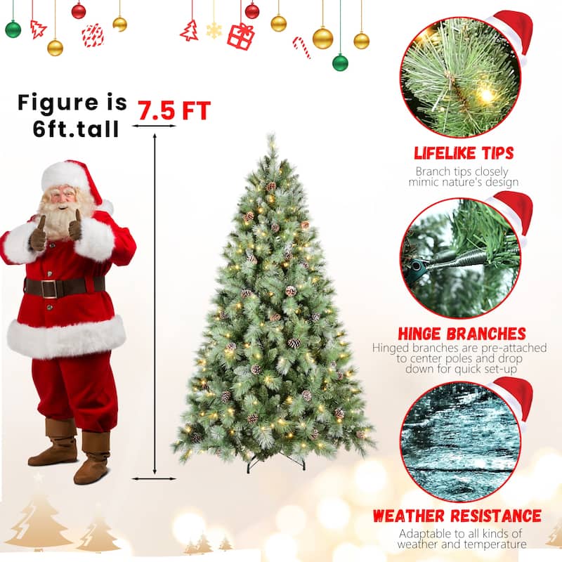 Pre-Lit Artificial Christmas Tree - Warm White LED Lights, Pine Cones, Hinged Branches, Metal Stand - Green