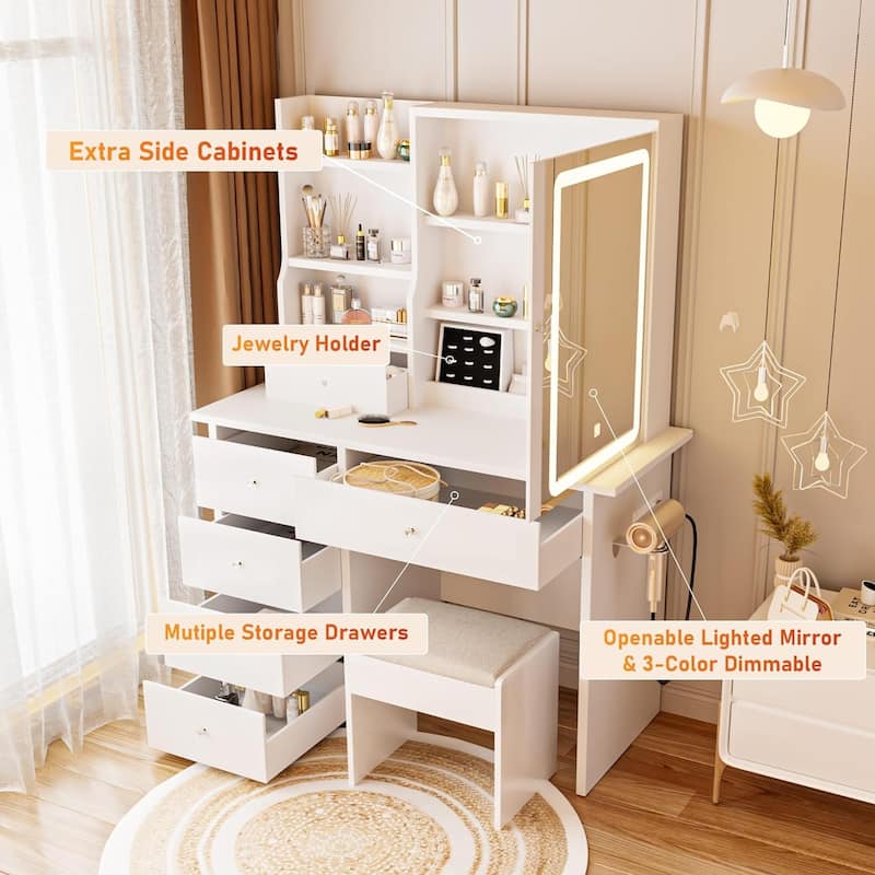 XINMICS Makeup Vanity Desk with Mirror and Lights & Charging Station