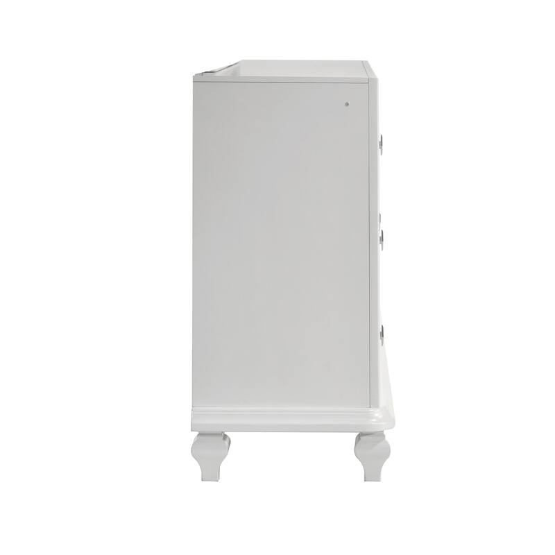 Stacy Wide Dresser with 8 Drawers and LED Lights, Silver, White Wood