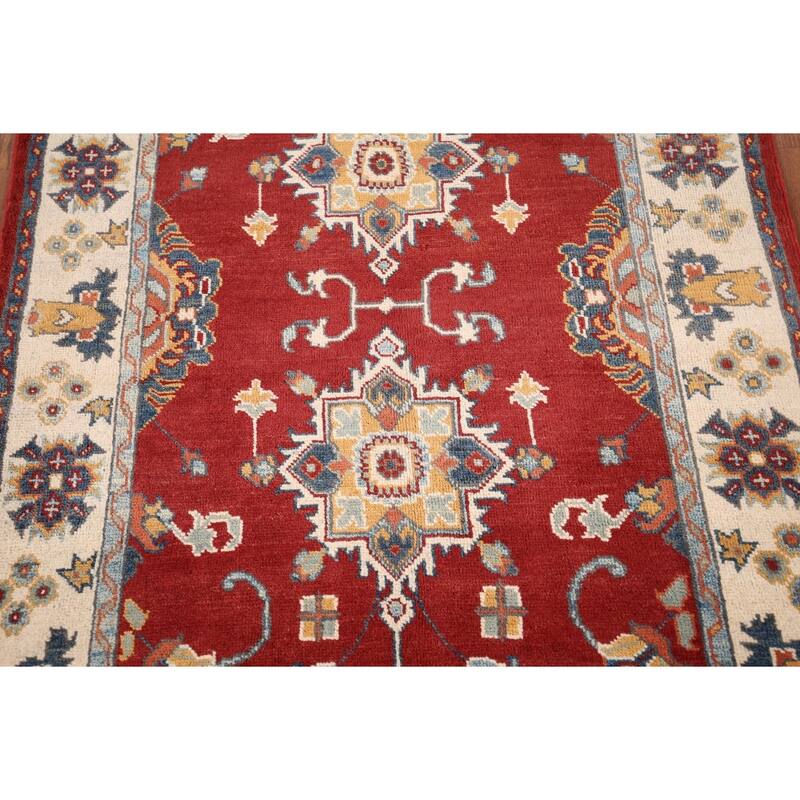 Red Geometric Kazak Foyer Rug Hand-Knotted Traditional Wool Carpet - 3'4" x 4'8"