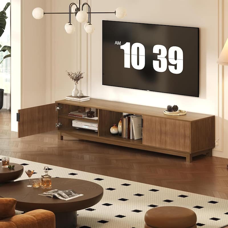 Wood Mid-Century 70'' Modern Fluted TV Stand Entertainment Center with Storage Cabinet for Living Room - N/A