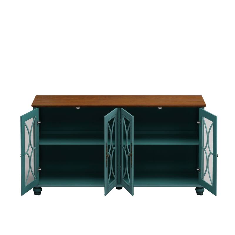 Buffet Cabinet with 4 Tempered Glass Doors, Wooden Accent Console Table, Large Sideboard with Adjustable Shelves