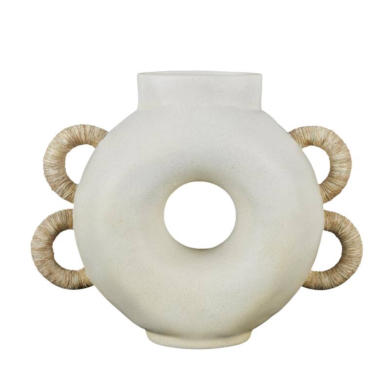 Resin Round Speckled Decorative Vase with Woven Inspired Arched Handles and Cutout Opening - Cream - Roche River Decor