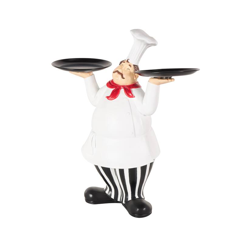 White Polystone Kitchen Decorative Figurine Chef Decorative Sculpture with Black Trays