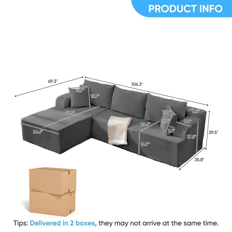 Mixoy 2-Pcs Free Combination Modular Sectional Sofas with Deep Seat,Corduroy L-Shaped Sofa with Chaise Lounge - 3-Seater