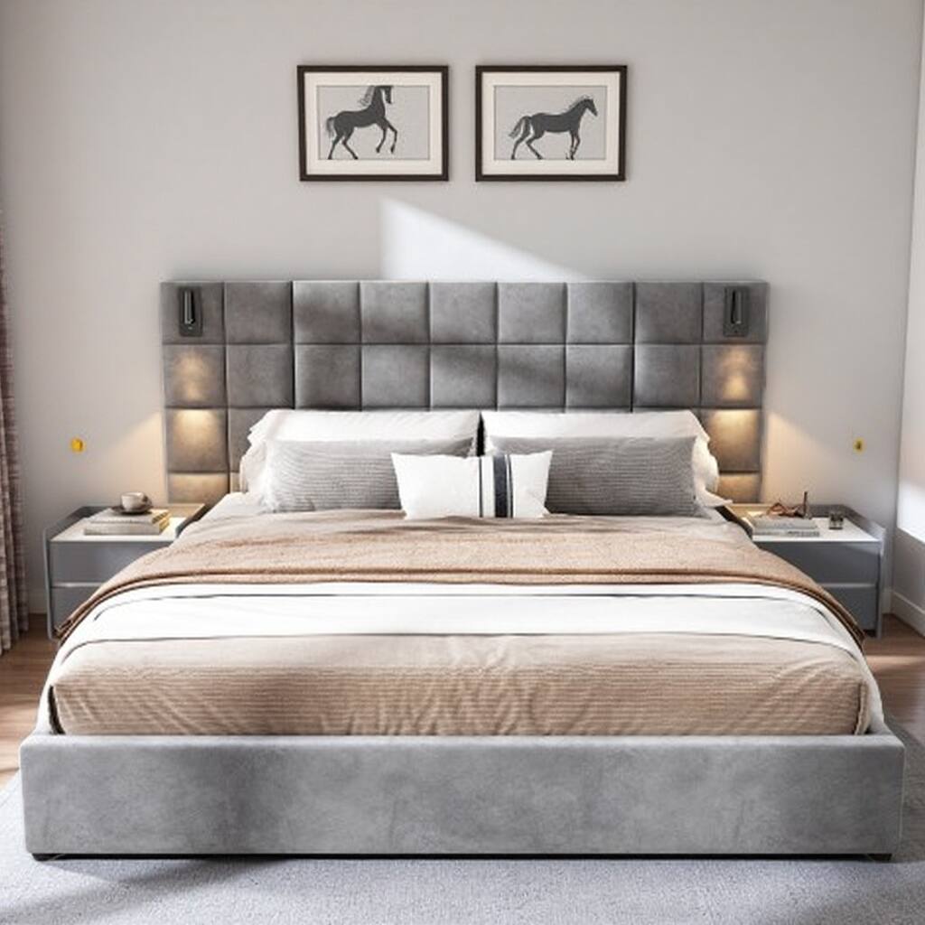 King Size Upholstered Velvet Bed with Adjustable Reading Lamp, USB Port, Wide Padded Headboard, No Box Spring Required