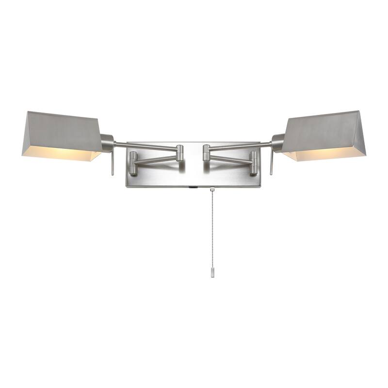 Curtis Farmhouse Swing Arm Plug-In or Hardwired Iron LED Wall Sconce with Pull-Chain with USB Charging Port, by JONATHAN Y - 2 Light - Nickel