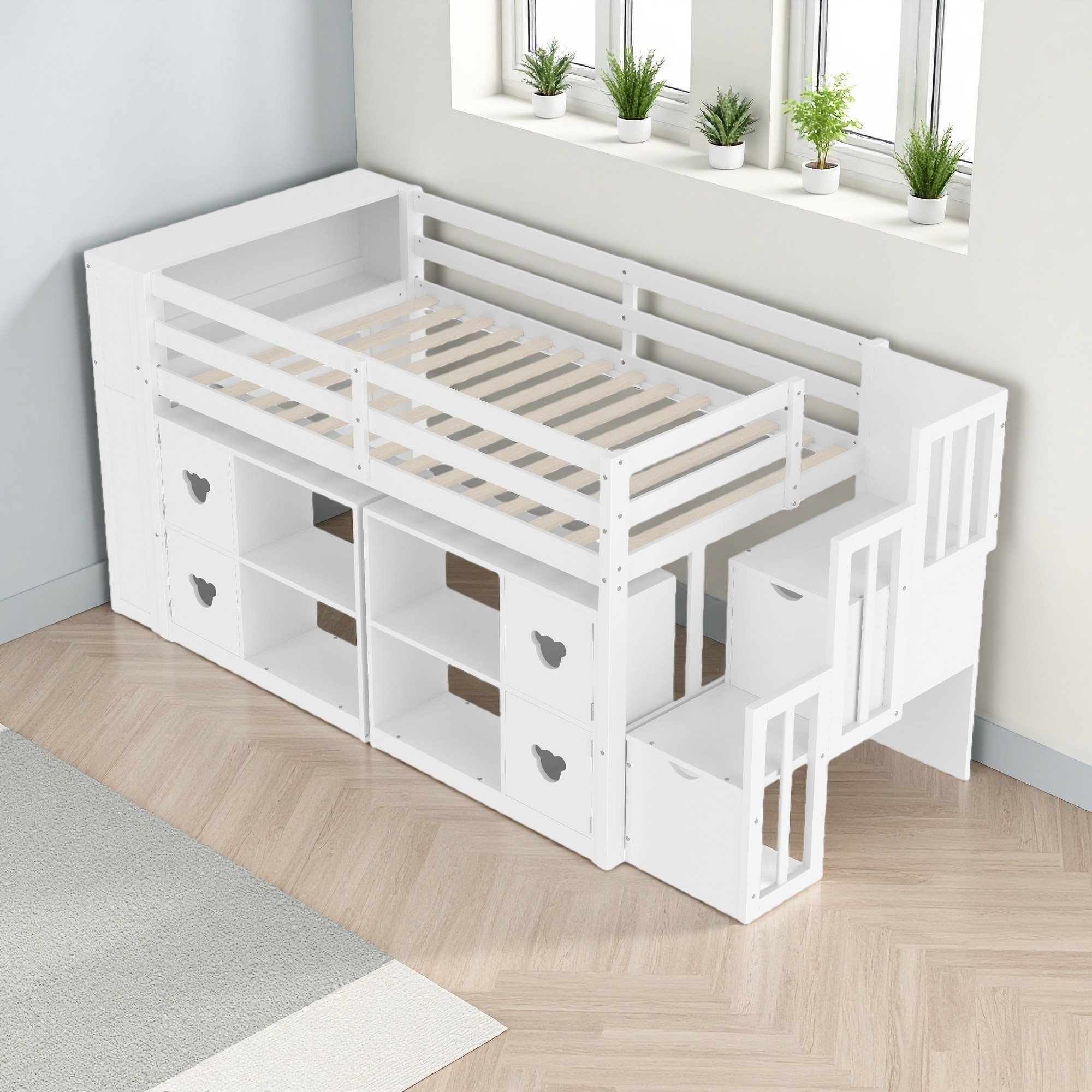 Twin Size Pine Low Loft Bed with Storage Headboard, Stairs and LED Lights