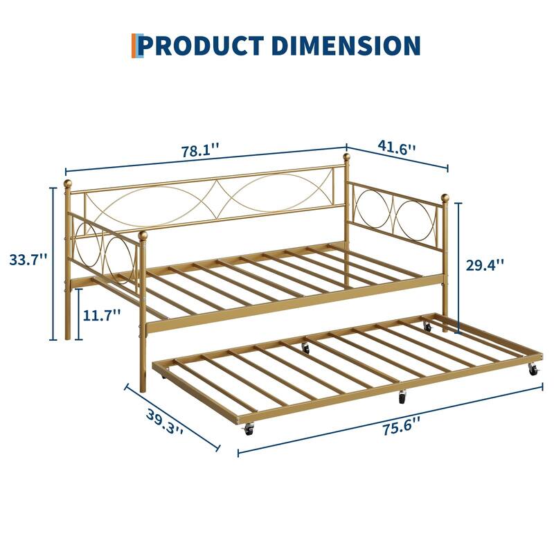 Twin daybed with Trundle,Metal Twin Daybed,Day Bed Sofa Bed Frame with Steel Slat Support,Multifunctional Daybed Frame