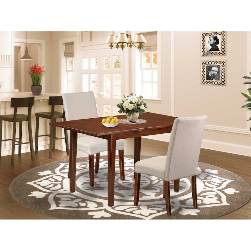Mediterranean Dining Set - 3pc Rectangular Table w/ Leaf & 2 Parson Chairs - Cream Linen Fabric