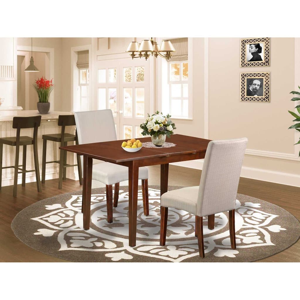 Mediterranean Dining Set - 3pc Rectangular Table w/ Leaf & 2 Parson Chairs - Cream Linen Fabric