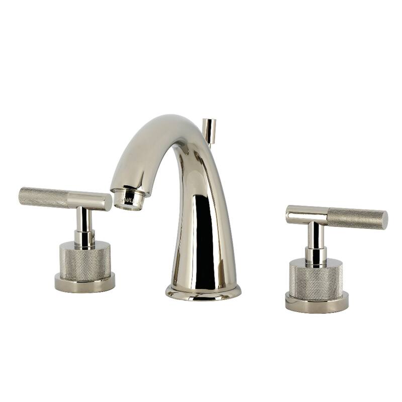 Kingston Brass Convergent Two-Handle 3-Hole Deck Mount Widespread Bathroom Faucet with Knurled Handle and Brass Pop-Up Drain - Polished Nickel