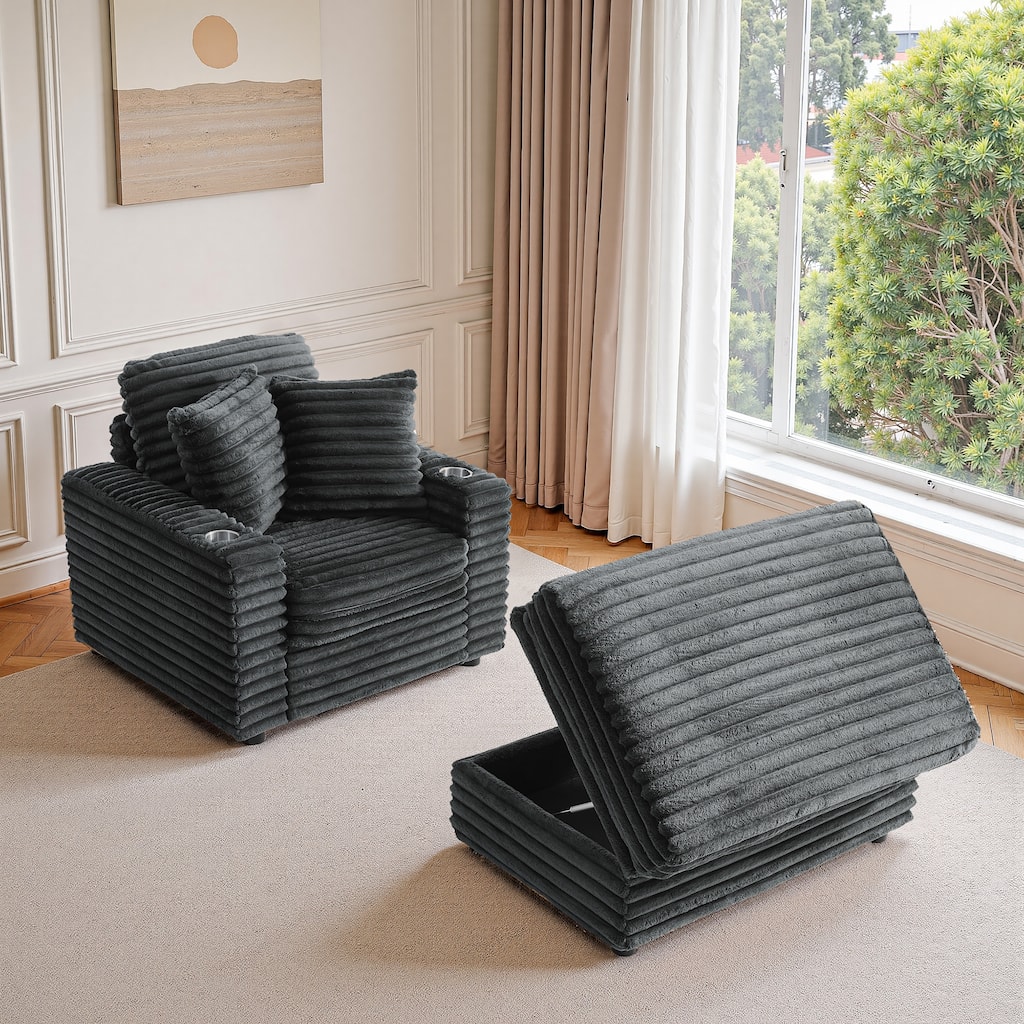 Modern Oversize Plush Corduroy Accent Chair Chaise Lounge with Storage Ottoman