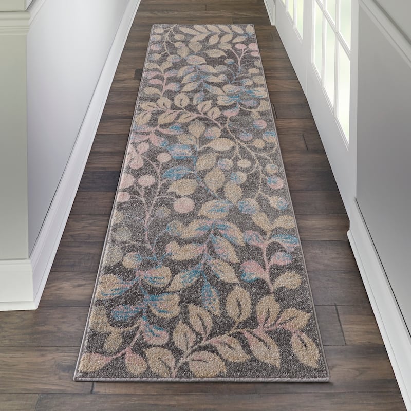 Nourison Tranquil Abstract Floral Leaves Botanical Area Rug - 2'3" x 7'3" Runner - Grey - Rectangle