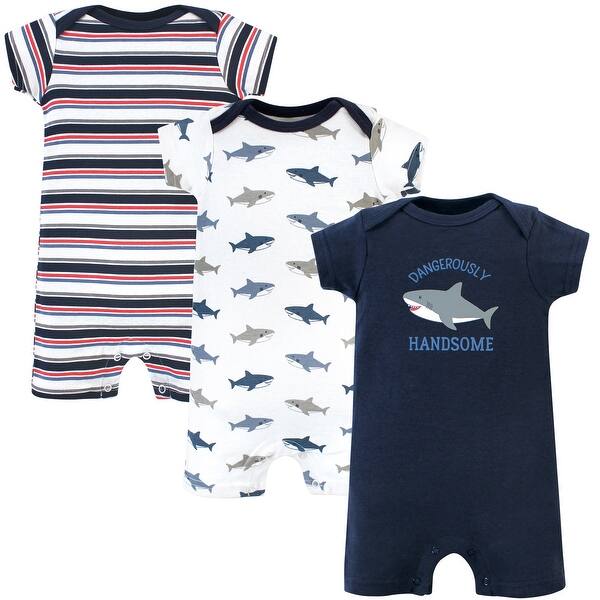 slide 1 of 1, Hudson Baby Infant Boy Cotton Rompers 3pk, Shark 0 - 3 Months - Blue