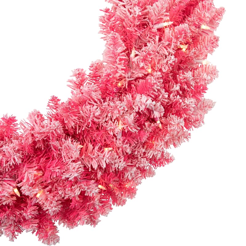 Pre-Lit Flocked Pink Artificial Christmas Wreath 36 Inch, Clear Lights