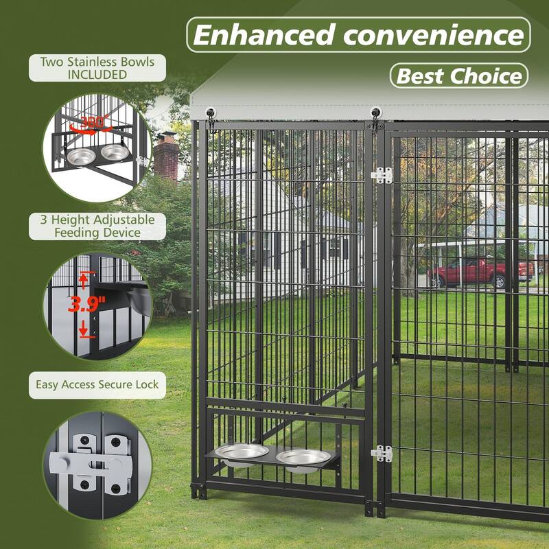 GDF Studio - Rockwell Large Outdoor Dog Kennel with Roof Cover & Feeding System