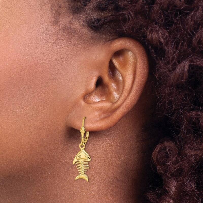 Curata 14k Yellow Gold 35x9.8mm 3D Fishbone Leverback Earrings
