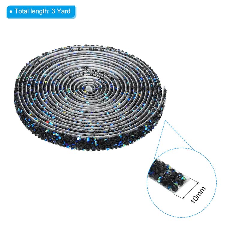 3 Yards Resin Rhinestone Ribbon Crystal Strips Self Adhesive, AB - Black - 10mm