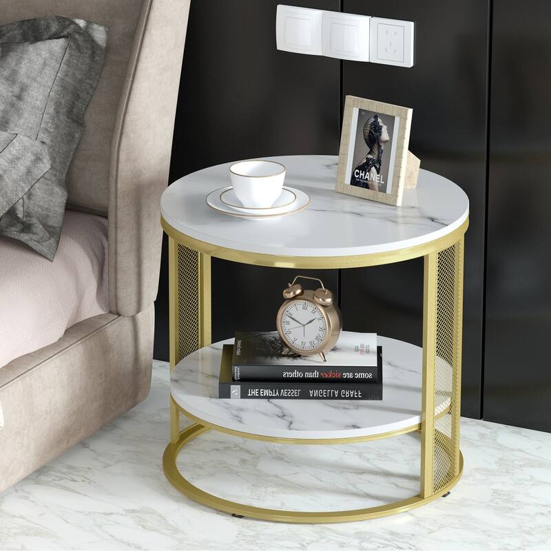 2 Tier Marble End Table Sofa Side Decorative Round Coffee Table - 21.7x20.1x20.3 inch