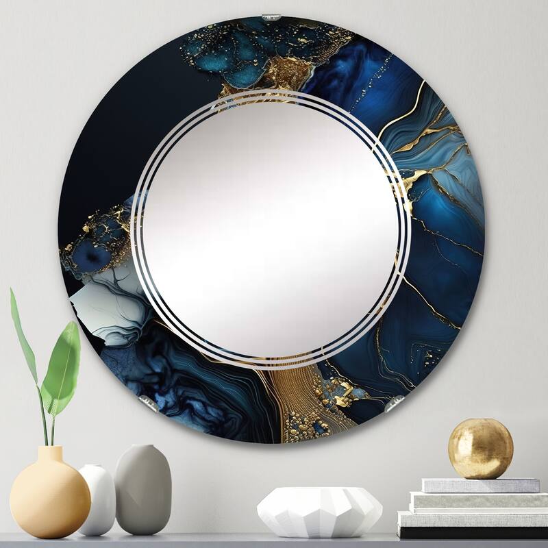 Designart 'Abstract Geode Gold And Blue Marble V' Printed Abstract Marble Wall Mirror - 24in.x24in.