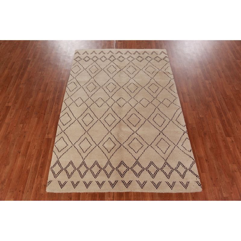 Hand Knotted Oriental 100% Wool Carpet Modern Geometric Beige & Ivories Moroccan Area Rug - 8' 0'' X 5' 0''