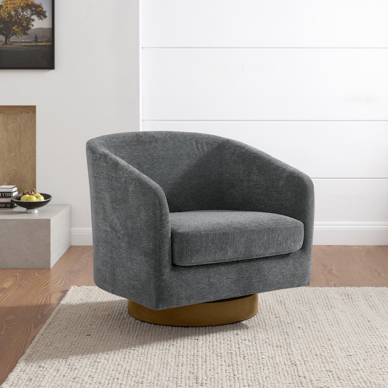 Faux Leather Wide Seat Swivel Barrel Chair - Single/Brown Base - Gray/Chenille