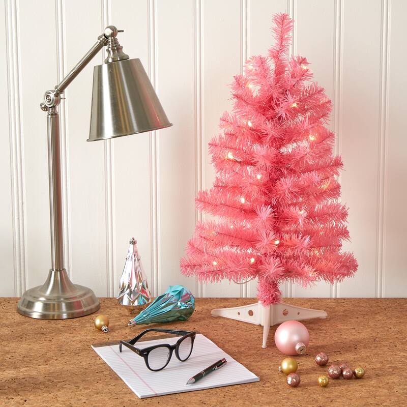 2' Pre-Lit Pink Artificial Christmas Tree, Warm Clear LED Lights - 2 Foot