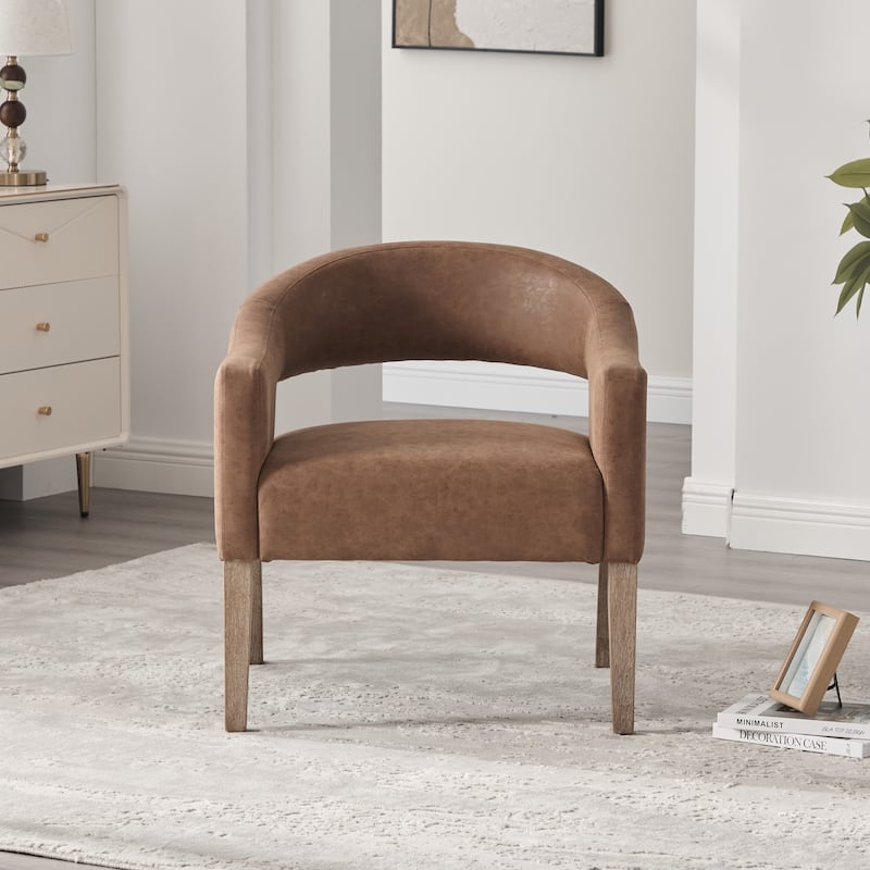 Modern Upholstered PU Open Back Accent Armchair Barrel Dining Chair with Weathered Rubberwood Legs, Hollow-Out Side Club Chair