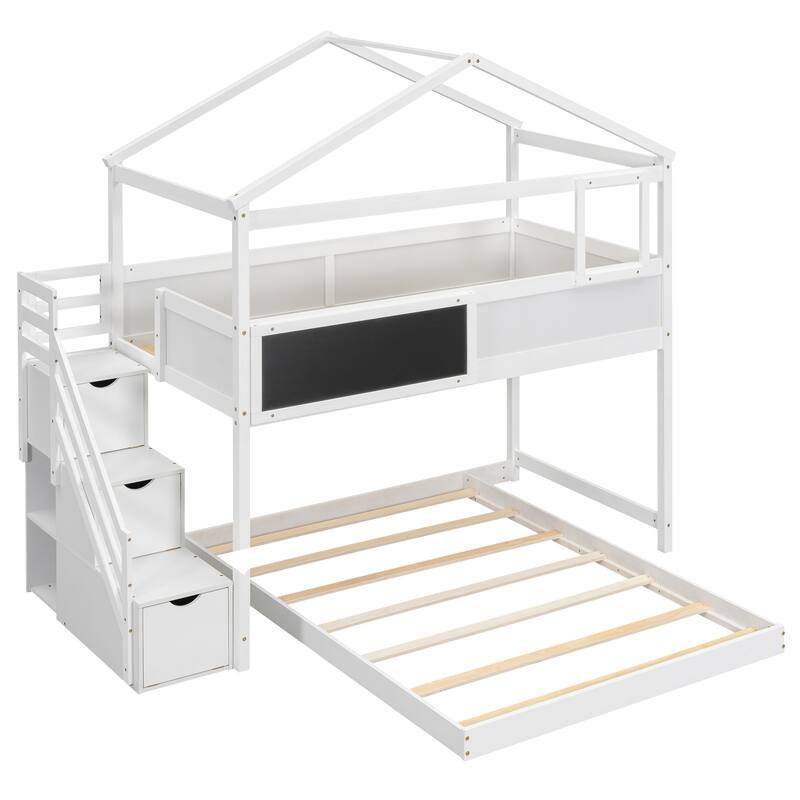 Twin Over Full Bunk Bed with Storage Staircase, Blackboard, and House Design