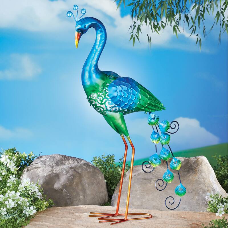 Solar Powered Peacock Garden Statue, 26" H - NO SIZE - Blue - NO SIZE - Iron