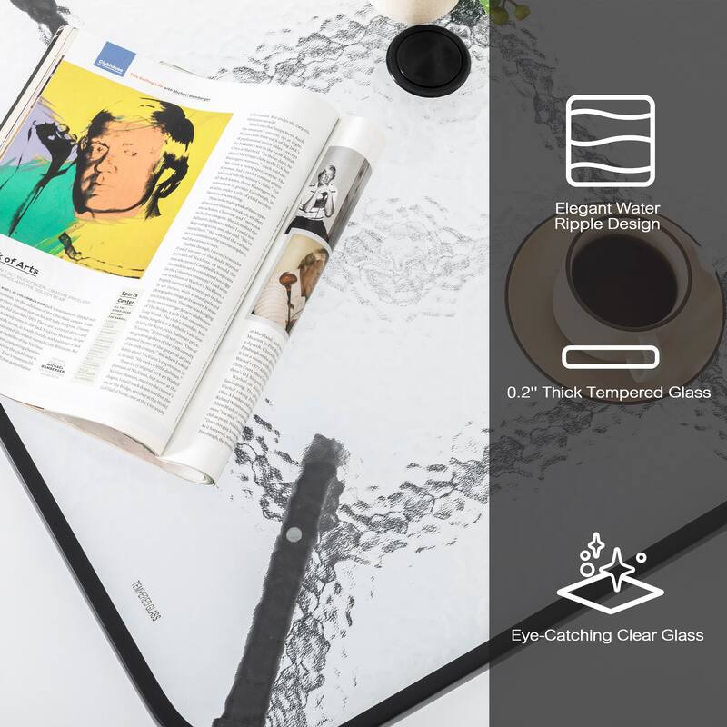 Square Metal Outdoor Dining Table with Umbrella Hole and Tempered Glass Tabletop, Black