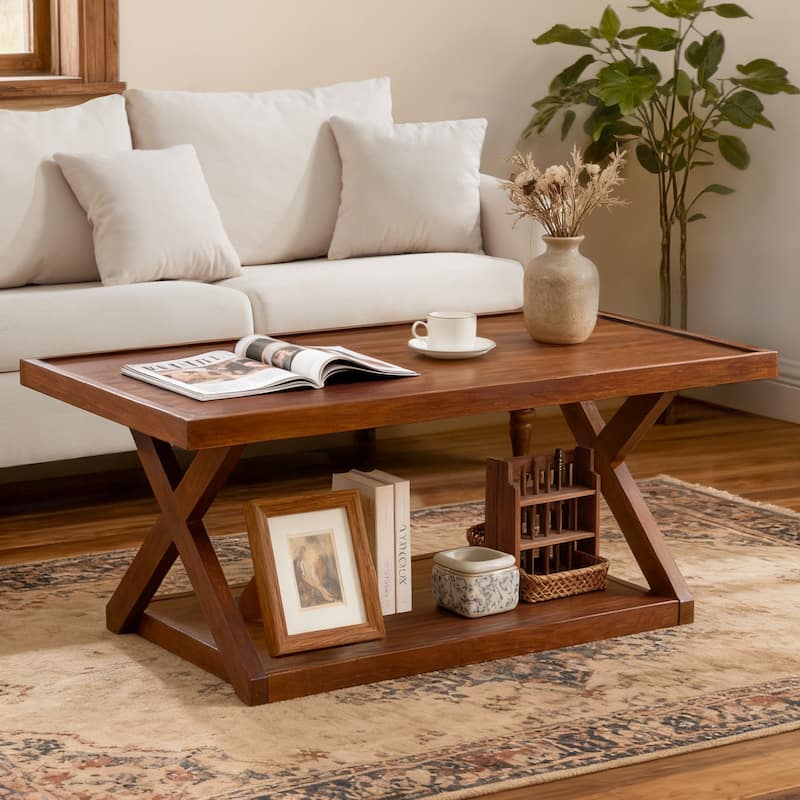 2-Tier Rectangular Solid Oak Wood Coffee Table with Cross Legs - 40.23"L x 21.17"W x 16.54"H