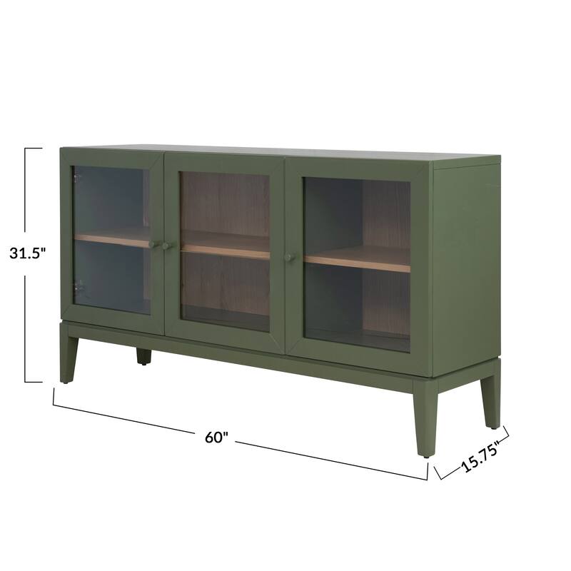 Wood Sideboard with Glass Doors and Oak Veneer Interior - 59.06"L x 15.75"W x 31.5"H