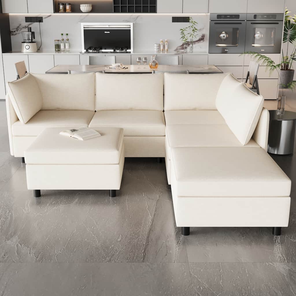 68'' L-Shaped 6-Seater Modular Sectional Sofa with Storage, Convertible Ottoman, High-Density Foam, and Pocket Springs