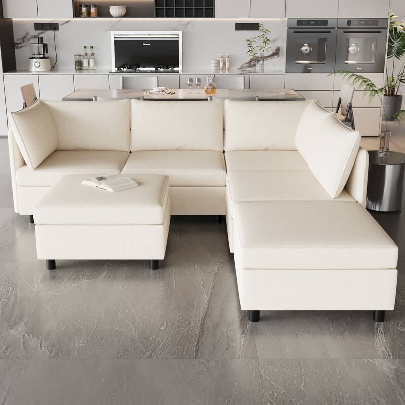 Beige 68'' L-Shaped 6-Seat Modular Sectional Sofa with Storage, Convertible Ottoman, High-Density Foam, and Pocket Springs - Beige