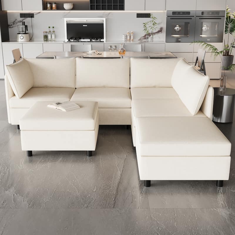 Beige 68'' L-Shaped 6-Seater Sofa with Storage and Ottoman - Beige