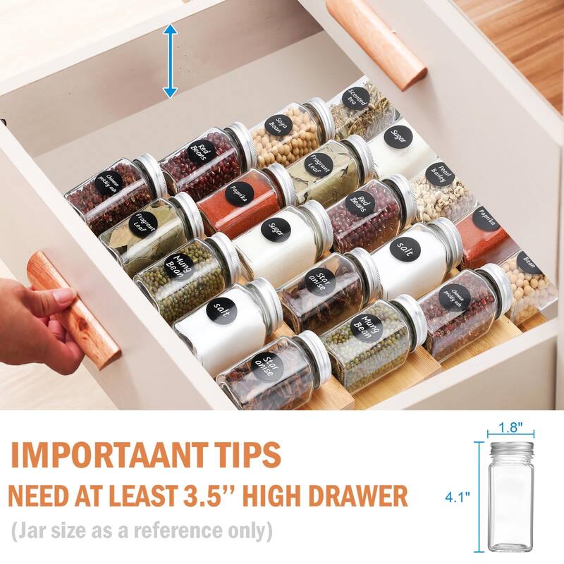 Bamboo Spice Drawer Organizer,4 Tier In Drawer Spices Rack Expandable From 13"to26",Stackable Seasoning Storage Organizer Insert