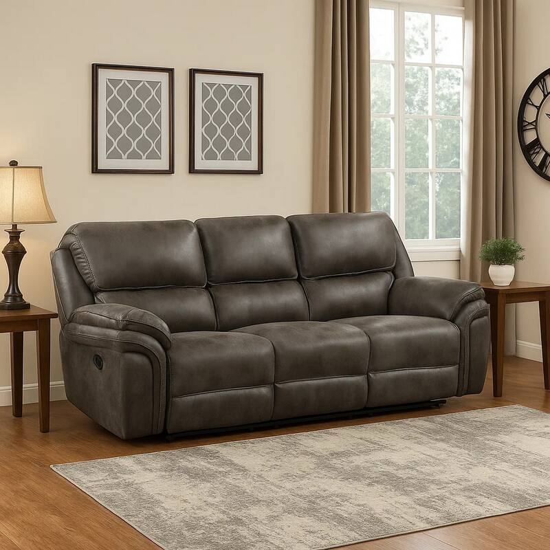 Tony 90 Inch Double Manual Recliner Sofa, Gray Microfiber, Solid Wood