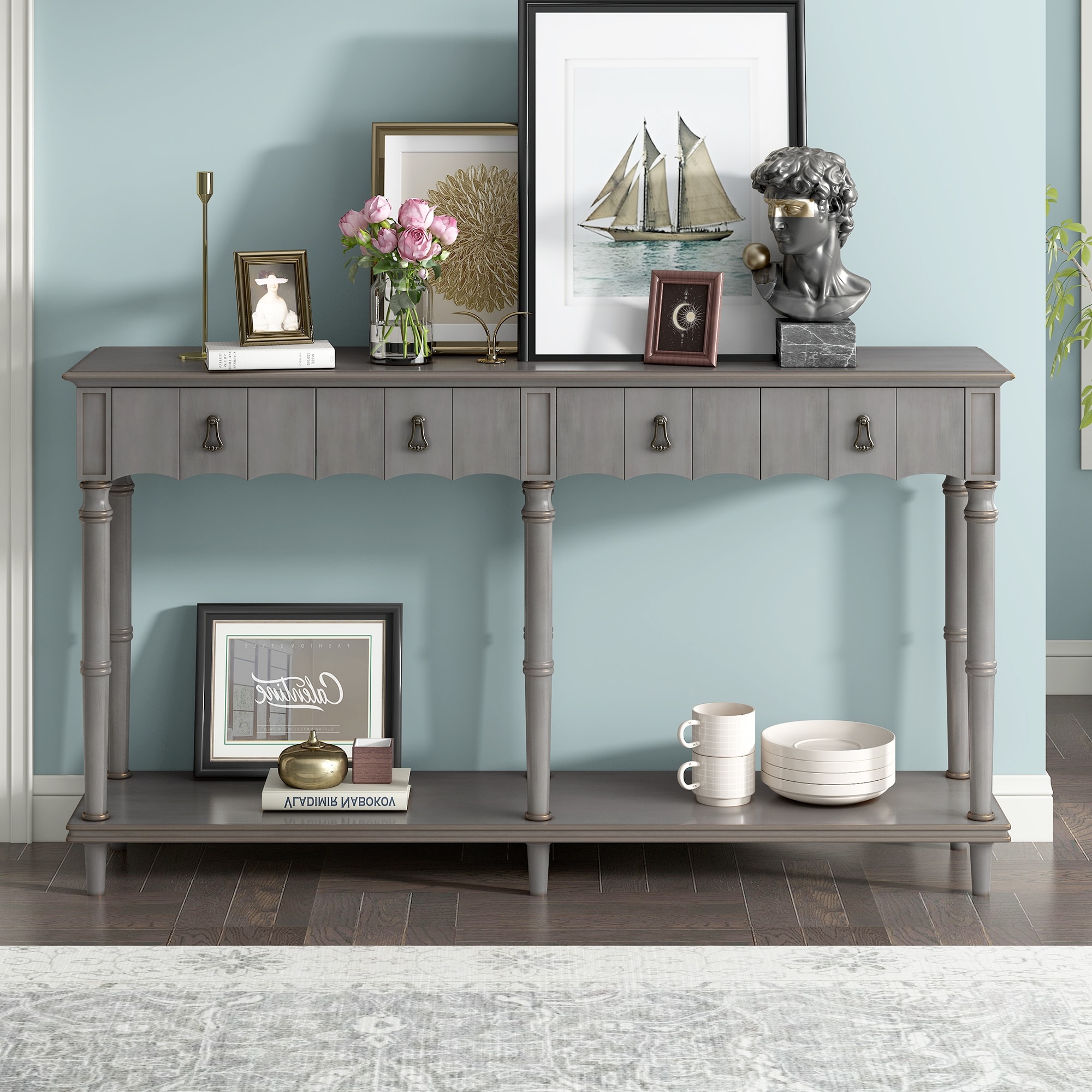 Country Console Table For Hallway Living Room Bedroom With 4 Front Facing Storage Drawers And 1 Shelf,console Table